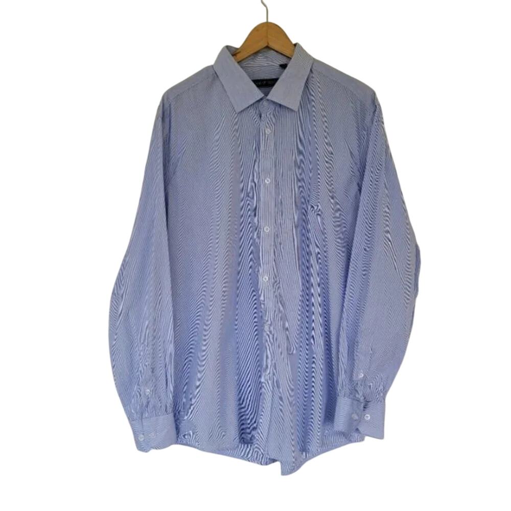 Verno Fashion Mens Striped Button Down Shirt Size 17 Blue White Long Sleeve